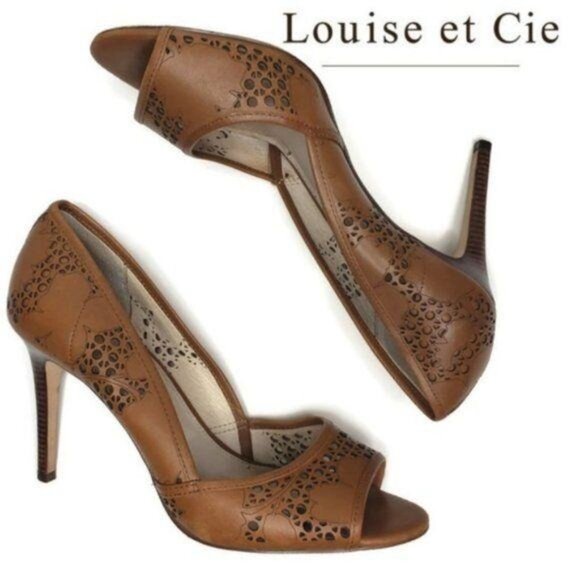 Louise Et Cie Gretel Brown cognac Leather laser Cutout Peep Toe Heels Size 10M - Picture 1 of 8